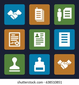 Contract icons set. set of 9 contract filled icons such as stamp, resume, paper, handshake, signed document, man and document