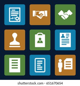 Contract icons set. set of 9 contract filled icons such as resume, stamp, signed document, handshake, document