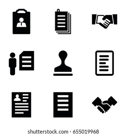 Contract icons set. set of 9 contract filled icons such as resume, stamp, paper, handshake, document