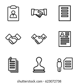 Contract icons set. set of 9 contract outline icons such as resume, stamp, paper, handshake, man and document