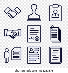 Contract icons set. set of 9 contract outline icons such as resume, stamp, paper, signed document, handshake, document