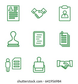 Contract icons set. set of 9 contract outline icons such as stamp, resume, paper, handshake, document
