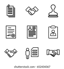 Contract icons set. set of 9 contract outline icons such as resume, stamp, paper, handshake, signed document