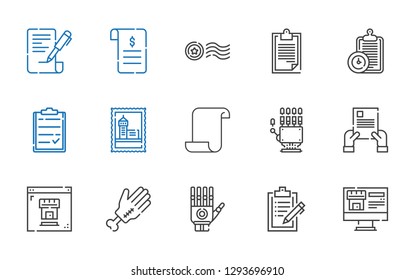 contract icons set. Collection of contract with real estate, clipboard, hand, paper, stamp. Editable and scalable contract icons.