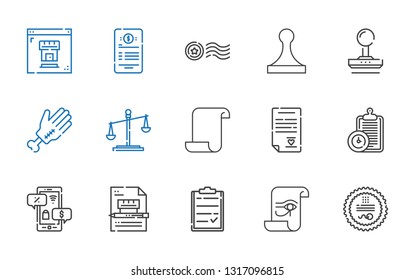 contract icons set. Collection of contract with stamp, paper, clipboard, negotiation, wedding contract, law, hand, real estate. Editable and scalable icons.