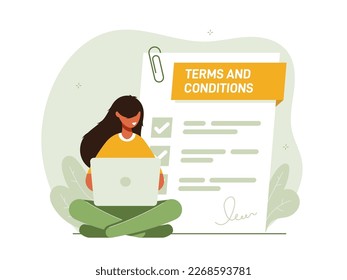 Contract illustration . Character gets acquainted with the legal document, electronic contract or agreement online. Person reads and signs the terms of the contract. Flat vector illustration.