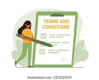 Contract illustration . Character gets acquainted with the legal document, electronic contract or agreement online. Person reads and signs the terms of the contract. Flat vector illustration.