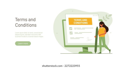 Contract illustration . Character gets acquainted with the legal document, electronic contract or agreement online. Person reads and signs the terms of the contract. Flat vector illustration.