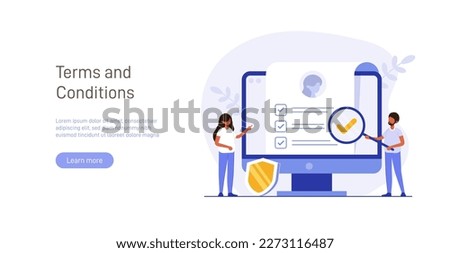 Contract illustration . Character gets acquainted with the legal document, electronic contract or agreement online. Person reads and signs the terms of the contract. Flat vector illustration.