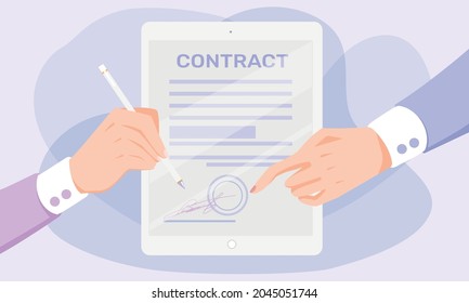 Contract illustration. Process of signing the contract, hand with pen and pointing hand over contract. Concept of e-signature. Vector illustration