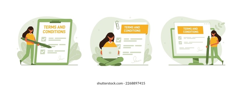 Contract illustration set. Character gets acquainted with legal document, electronic contract or agreement online. Person reads and signs terms of contract. Collection flat vector illustration.