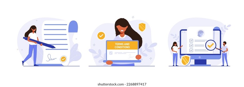 Contract illustration set. Character gets acquainted with legal document, electronic contract or agreement online. Person reads and signs terms of contract. Collection flat vector illustration.