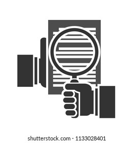 Contract incpection or audit icon concept. Hand holding magnifying glass over a document