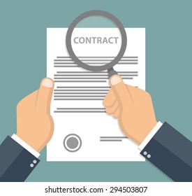 Contract inspection concept - Hand holding magnifying glass over a contract - Flat style