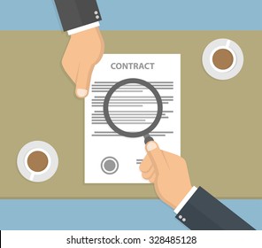 Contract inspection concept. Hand holding a contract, another hand holding magnifying glass over the contract and a table with two cup of coffee on it. Flat style