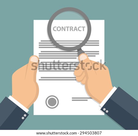 Contract inspection concept - Hand holding magnifying glass over a contract - Flat style