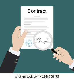 Contract inspection concept. Hands holding magnifying glass over a contract. Contract with signatures and stamp. Research documents.