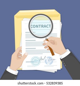 Contract inspection concept. Hands holding magnifying glass over a contract. Contract with signatures and stamp. Research documents. 