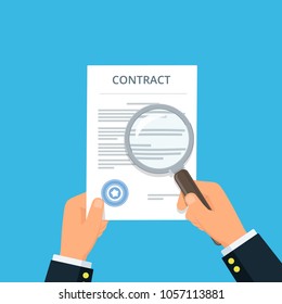 Contract inspection for fraud prevention. Close-up businessman hands holding contract and magnifying glass. Reading and analyzing document. Vector illustration in flat style.