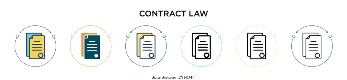 Icono de ley de contrato en el estilo relleno, delgado, contorno y trazo. Ilustración vectorial de dos diseños de iconos vectoriales de derecho contractual de colores y negro para móviles, ui, web