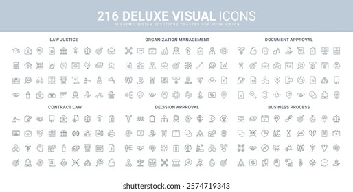 Contract, legal documents approval, law institution and business process line icon set. Organization management, structure and workforce of enterprise thin black outline symbols vector illustration