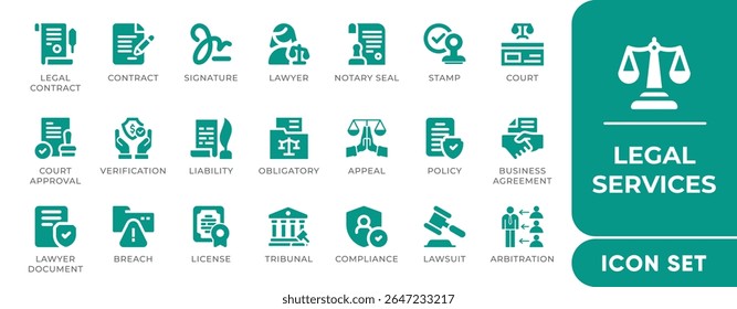 Conjunto de Ícones de Serviços Legais e de Contrato. Apresenta ícones de acordo, assinatura, lei, documento, tribunal e justiça. Perfeito para escritórios de advocacia, aplicativos jurídicos e uso comercial.