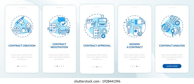 Contract lifecycle steps onboarding mobile app page screen with concepts. Contract preparing walkthrough 5 steps graphic instructions. UI vector template with RGB color illustrations
