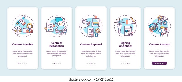 Contract lifecycle steps onboarding mobile app page screen with concepts. Contract creation walkthrough 5 steps graphic instructions. UI vector template with RGB color illustrations