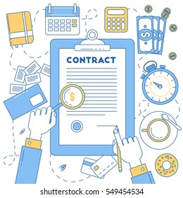 Contract, line design illustration with hands research and sign the document
