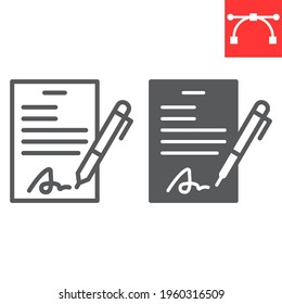 Contract line and glyph icon, document with pen and form, signature vector icon, vector graphics, editable stroke outline sign, eps 10