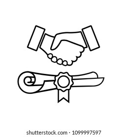 Contract line icon. Sealed official contract, agreement or business document with handshake sign. Vector Illustration