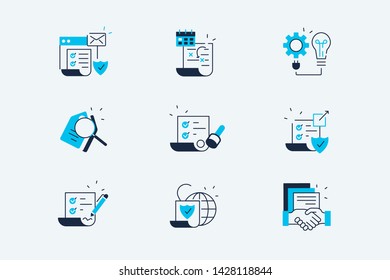 Contract line icons set vector illustration. Collection consist of business agreement symbols negotiating terms, reviewing, verified text, signing and handshaking flat concept. Isolated on white