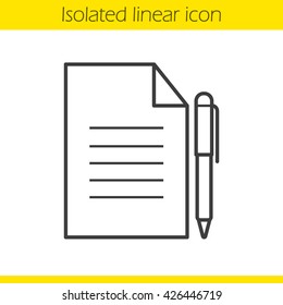 Contract linear icon. Text document with pen. Agreement paper. Thin line illustration. Contour symbol. Vector isolated outline drawing