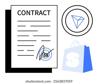 Contract with lines of text and a signature, a geometric symbol in a circle, and a shopping bag with an S. Ideal for legal documents, business agreements, shopping, signatures, and commerce. Simple