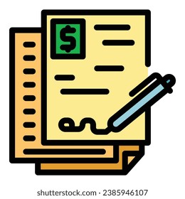 Vector de esquema de icono de préstamo de contrato. Ingresos de pago. Color de los términos de impuestos