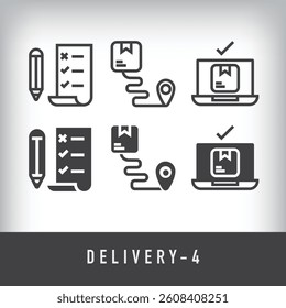 Contract, location delivery and computer shipping. Simple linear and flat delivery icon set.