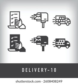 Contract, mailing and transportation design. Simple linear and flat delivery icon set. 