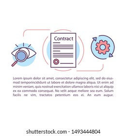 Contract management article page vector template. Employment document. Treaty, agreement. Brochure, magazine, booklet design element with linear icons. Print design. Concept illustrations with text