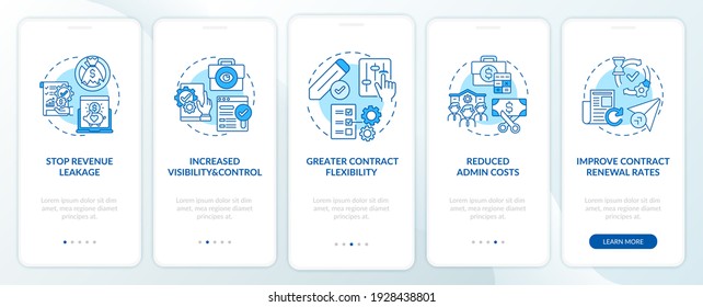 Vorteile der Vertragsmanagement-Automatisierung auf mobilen App-Bildschirmen mit Konzepten. Erhöhen Sie den Wert der exemplarischen Anleitung für 5 Schritte. UI-Vektorvorlage mit RGB-Farbillustrationen