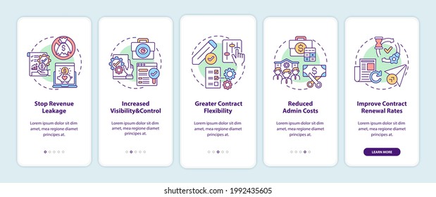 Contract management automation benefits onboarding mobile app page screen with concepts. Stop revenue leakage walkthrough 5 steps graphic instructions. UI vector template with RGB color illustrations