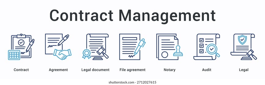El ícono de Web de Anuncio de gestión de contratos maneja Acuerdos y documentos legales con notario y auditoría para el cumplimiento legal.