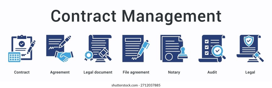 El ícono de Web de Anuncio de gestión de contratos maneja Acuerdos y documentos legales con notario y auditoría para el cumplimiento legal.