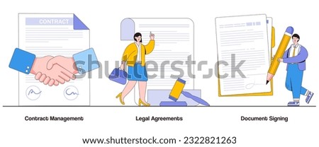 Contract Management, Legal Agreements, Document Signing Concept with Character. Business Contract Abstract Vector Illustration Set. Agreement Validation, Legal Obligations Metaphor.