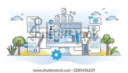 Contract management software with automatic digital deal tool outline concept. Computer system with AI technology for effective document administration, automation and digitization vector illustration