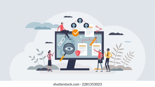 Contract management software as computer app programs tiny person concept. Electric and digital information files storage and manage system for company digitization and automation vector illustration