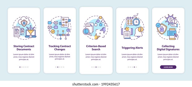 Contract management software functions onboarding mobile app page screen with concepts. Storing documents walkthrough 5 steps graphic instructions. UI vector template with RGB color illustrations