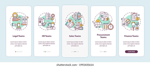 Contract Management Software Users Onboarding Mobile App Page Screen With Concepts. Legal Teams Walkthrough 5 Steps Graphic Instructions. UI Vector Template With RGB Color Illustrations