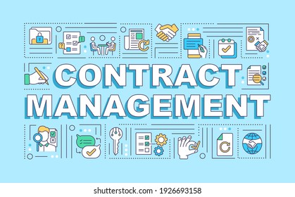 Contract management word concepts banner. Reducing financial risk. Creation, execution. Infographics with linear icons on blue background. Isolated typography. Vector outline RGB color illustration