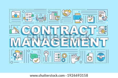 Contract management word concepts banner. Reducing financial risk. Creation, execution. Infographics with linear icons on blue background. Isolated typography. Vector outline RGB color illustration