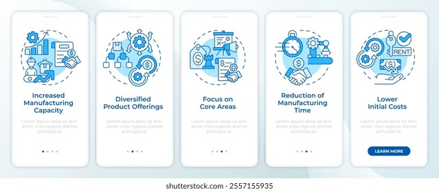 Contract manufacturing benefits blue onboarding mobile app screen. Walkthrough 5 steps editable graphic instructions with linear concepts. UI, UX, GUI template
